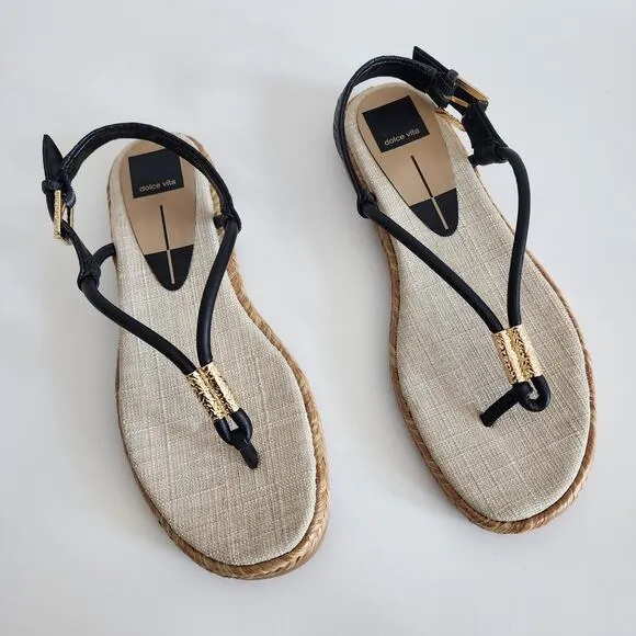 Dolce Vita Meryl Sandals Black &amp; Tan w Gold Tone Hardware Raffia Detail Size 7.5