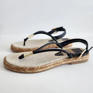 Dolce Vita Meryl Sandals Black &amp; Tan w Gold Tone Hardware Raffia Detail Size 7.5