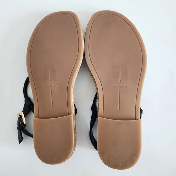 Dolce Vita Meryl Sandals Black &amp; Tan w Gold Tone Hardware Raffia Detail Size 7.5