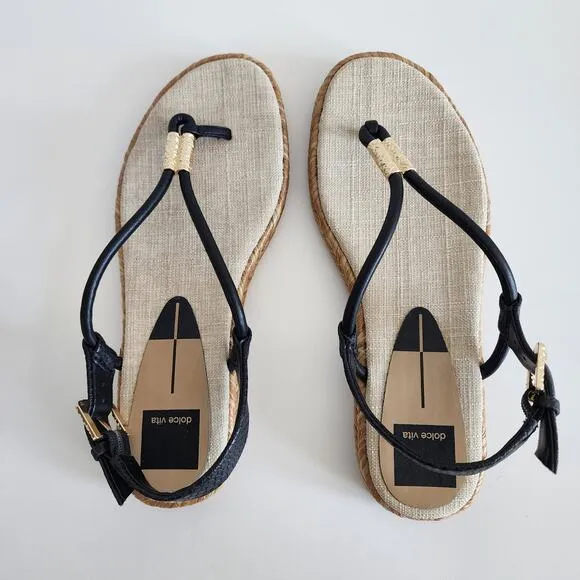 Dolce Vita Meryl Sandals Black &amp; Tan w Gold Tone Hardware Raffia Detail Size 7.5