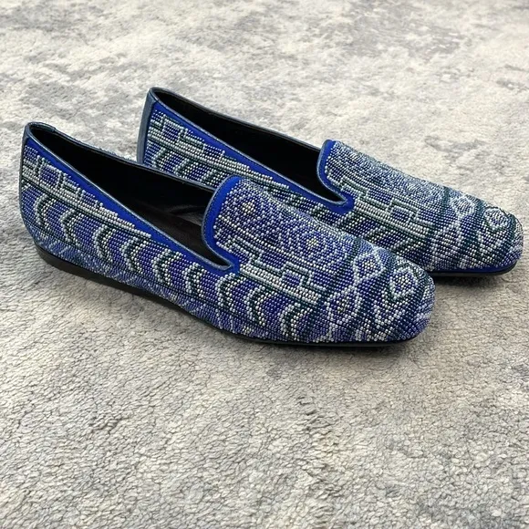 Donald J Pliner Aryn Beaded Aztec Loafer Slip On Flats Career Office Blue Sz 6