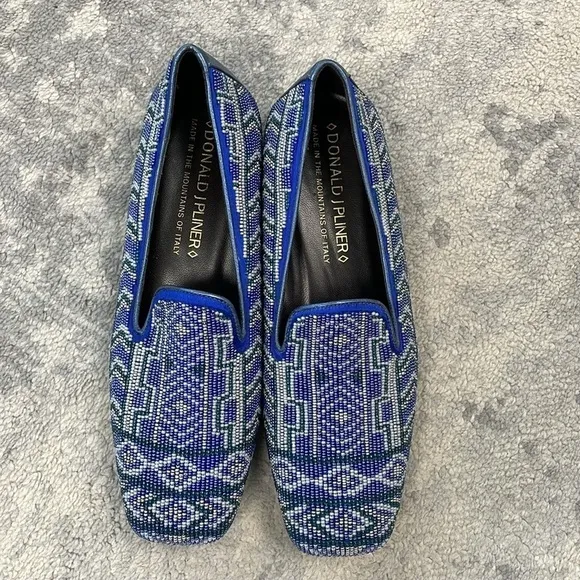 Donald J Pliner Aryn Beaded Aztec Loafer Slip On Flats Career Office Blue Sz 6