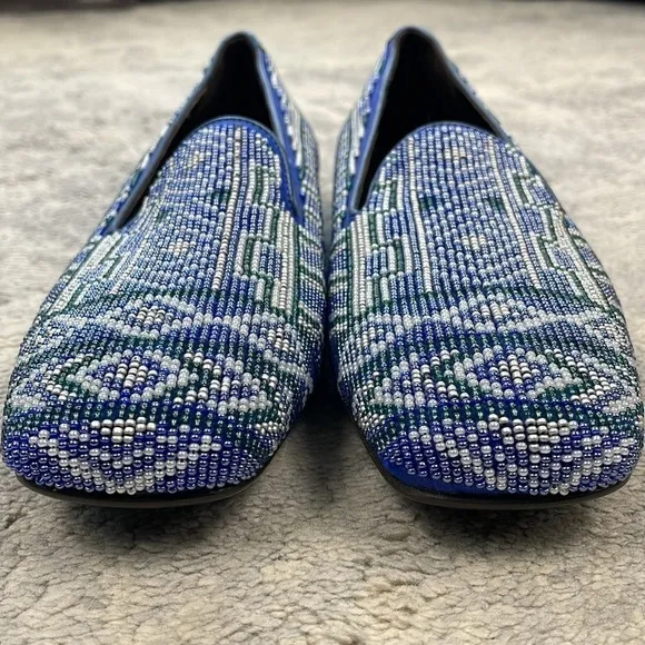 Donald J Pliner Aryn Beaded Aztec Loafer Slip On Flats Career Office Blue Sz 6