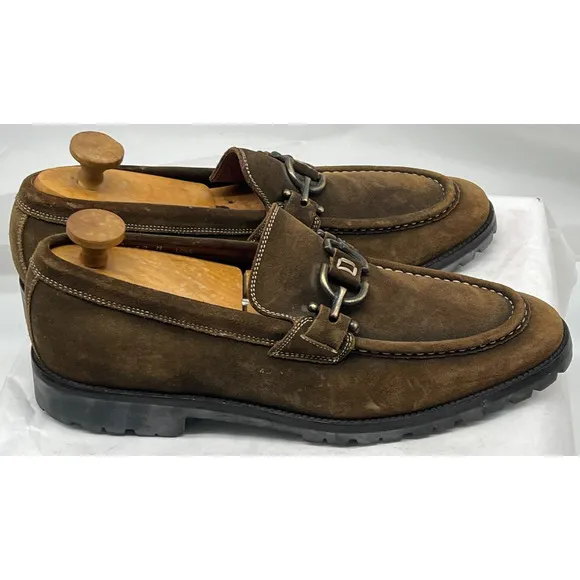 Donald J Pliner Lore Brown Suede Leather Slip On Loafer Bronze Accents Men's 10M