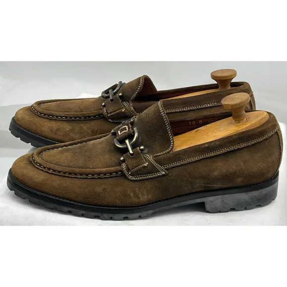 Donald J Pliner Lore Brown Suede Leather Slip On Loafer Bronze Accents Men's 10M