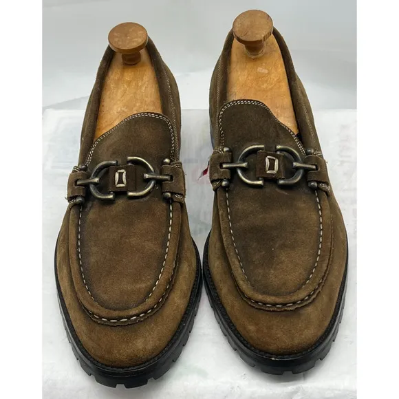 Donald J Pliner Lore Brown Suede Leather Slip On Loafer Bronze Accents Men's 10M