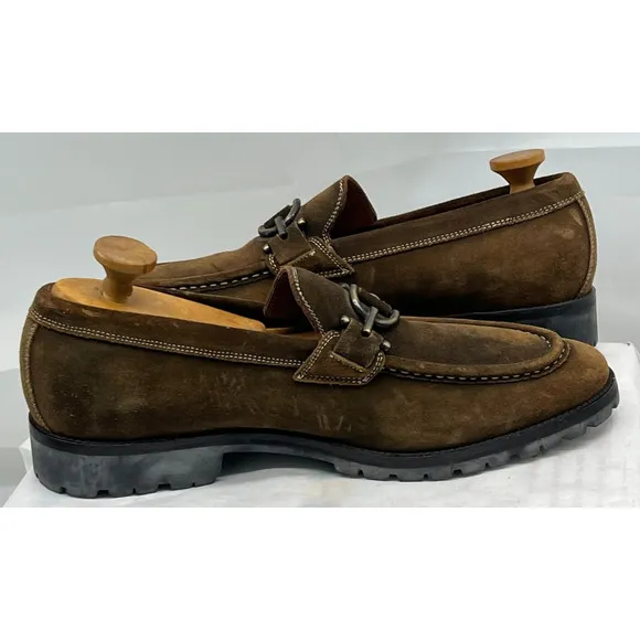 Donald J Pliner Lore Brown Suede Leather Slip On Loafer Bronze Accents Men's 10M