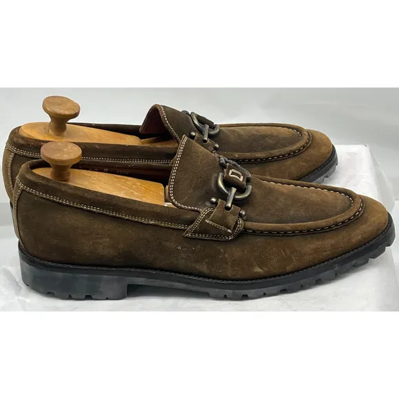 Donald J Pliner Lore Brown Suede Leather Slip On Loafer Bronze Accents Men's 10M