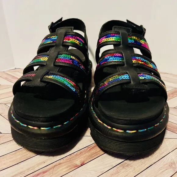 Dr. Martens Yelena Rainbow Sequin Women's 7 Black Chunky Summer Sandals Sparkle