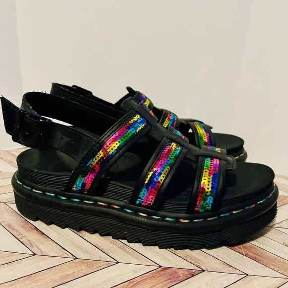 Dr. Martens Yelena Rainbow Sequin Women's 7 Black Chunky Summer Sandals Sparkle