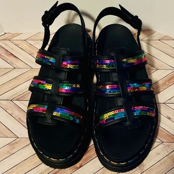 Dr. Martens Yelena Rainbow Sequin Women's 7 Black Chunky Summer Sandals Sparkle