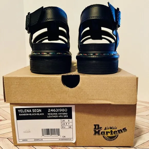 Dr. Martens Yelena Rainbow Sequin Women's 7 Black Chunky Summer Sandals Sparkle