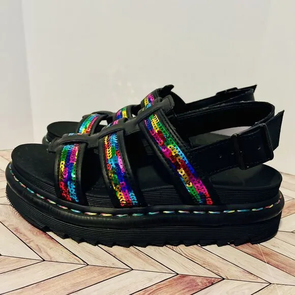Dr. Martens Yelena Rainbow Sequin Women's 7 Black Chunky Summer Sandals Sparkle