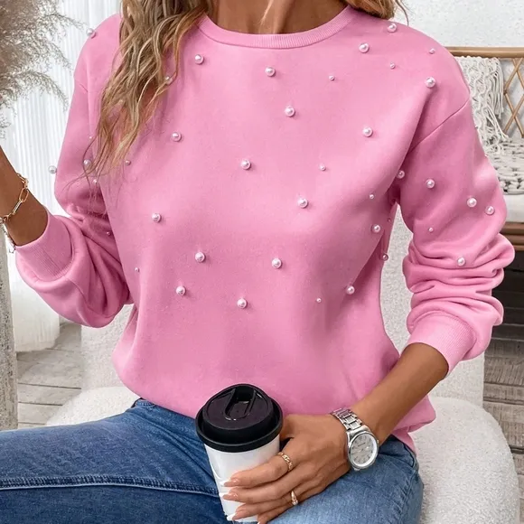 Drop Shoulder Pearls Beaded Pullover Sweatshirt