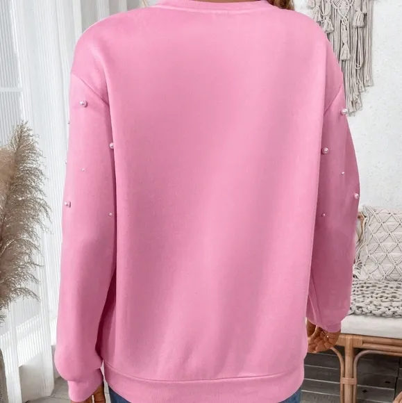 Drop Shoulder Pearls Beaded Pullover Sweatshirt