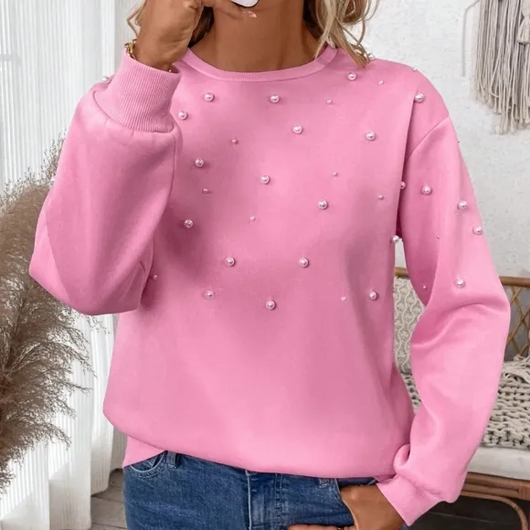Drop Shoulder Pearls Beaded Pullover Sweatshirt