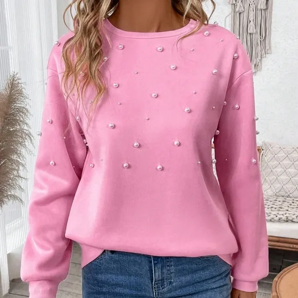 Drop Shoulder Pearls Beaded Pullover Sweatshirt