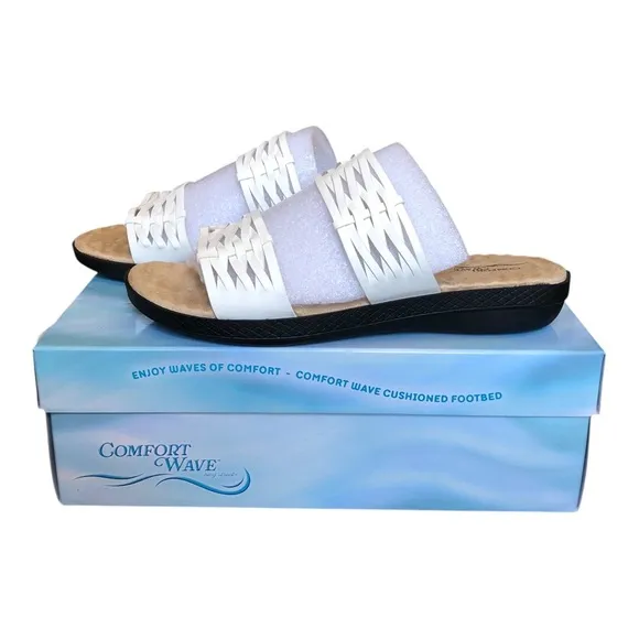 Easy Street® Agata Slide Sandals Cushioned Footbed Faux Leather Slide White 8WW
