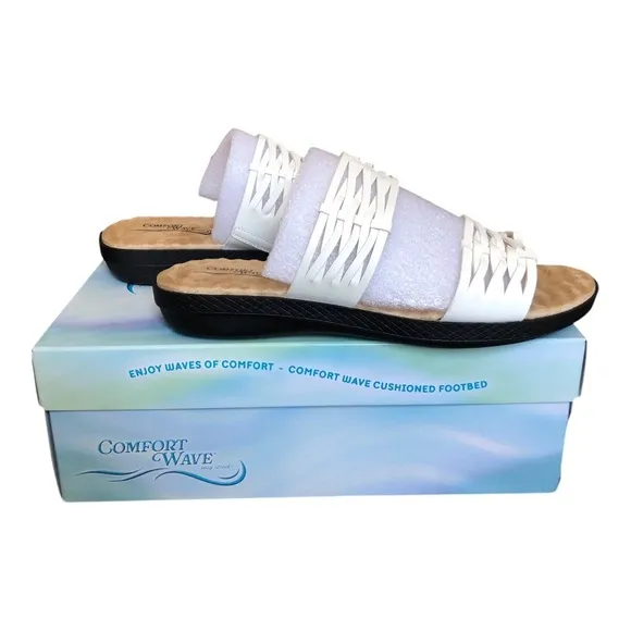 Easy Street® Agata Slide Sandals Cushioned Footbed Faux Leather Slide White 8WW