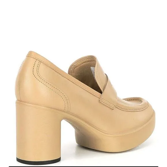 ECCO Nude Platform Loafer Heels Size 39 (US 8-8.5) Chunky Block Heel Office Chic