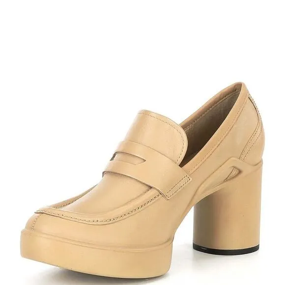 ECCO Nude Platform Loafer Heels Size 39 (US 8-8.5) Chunky Block Heel Office Chic