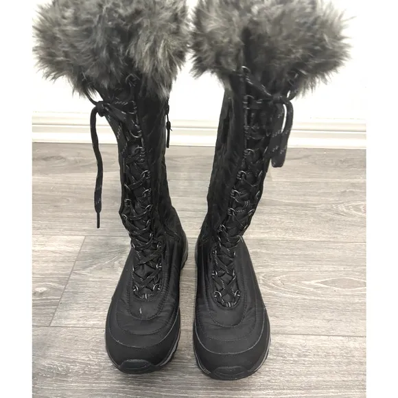 Eddie Bauer Boots Womens 8.5 Black Faux Fur Lace Up Thermafill Winter Snow Boots