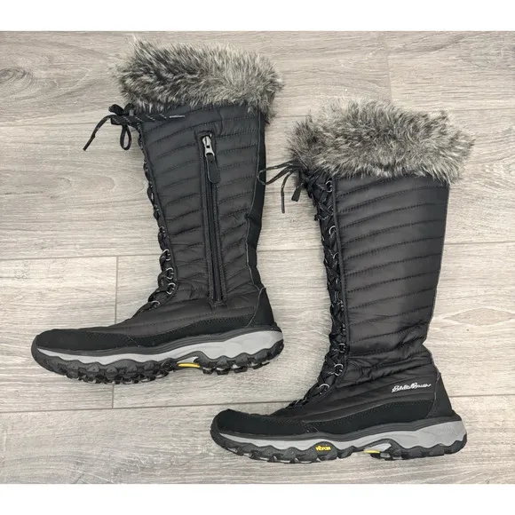 Eddie Bauer Boots Womens 8.5 Black Faux Fur Lace Up Thermafill Winter Snow Boots