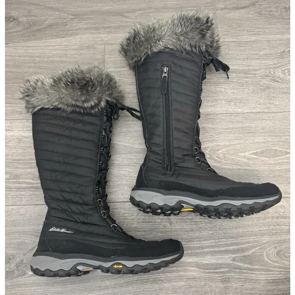 Eddie Bauer Boots Womens 8.5 Black Faux Fur Lace Up Thermafill Winter Snow Boots