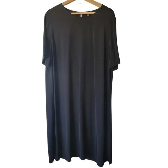 Eileen Fisher Black Asymmetrical Hem Short Sleeve Shift Midi Dress Womens M