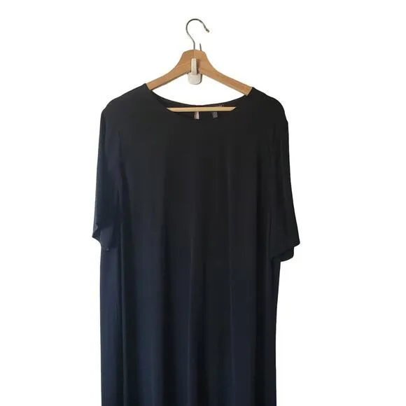 Eileen Fisher Black Asymmetrical Hem Short Sleeve Shift Midi Dress Womens M