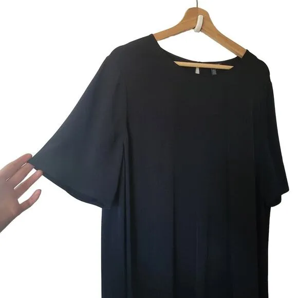 Eileen Fisher Black Asymmetrical Hem Short Sleeve Shift Midi Dress Womens M