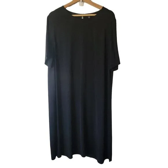 Eileen Fisher Black Asymmetrical Hem Short Sleeve Shift Midi Dress Womens M