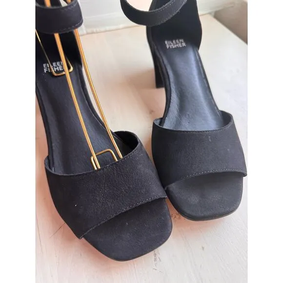 Eileen Fisher black Viva Nubuck Ankle-Grip Sandals size 8