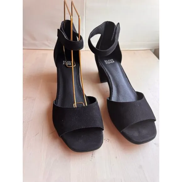 Eileen Fisher black Viva Nubuck Ankle-Grip Sandals size 8