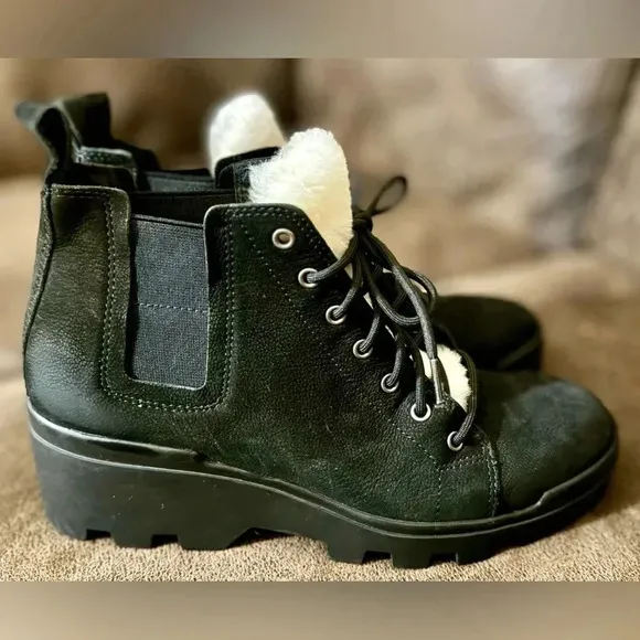 EILEEN FISHER women ankle boots Calm black nubuck shearling tongue sz 6.5 NWOT