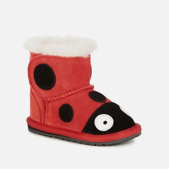 Emu Australia Shearling Red Ladybug Toddler Baby Boots, NEW NWOB