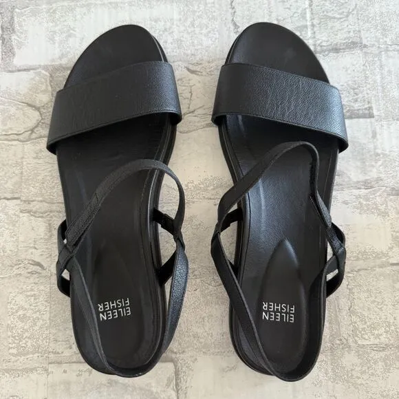 EUC Eileen Fisher Demo Black Leather Ankle-Strap Sandal Sz 11