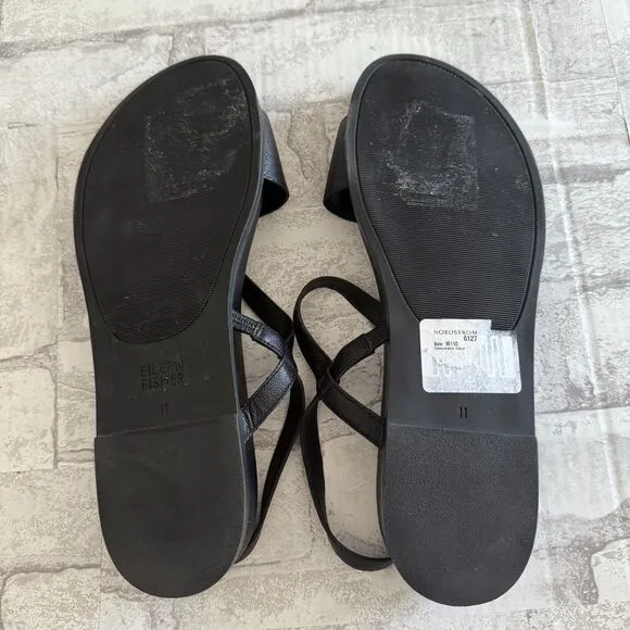 EUC Eileen Fisher Demo Black Leather Ankle-Strap Sandal Sz 11