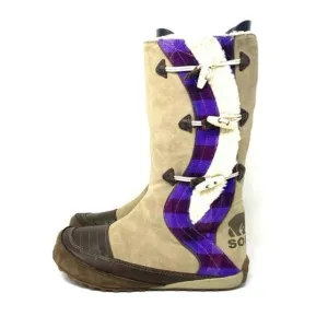 EUC Sorel tall plaid suede leather tan &amp; brown round toe Sherpa lined boots 9