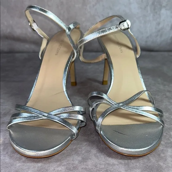 EUC Stuart Weitzman Starla 80 Silver Strappy Heeled Sandals Size 9