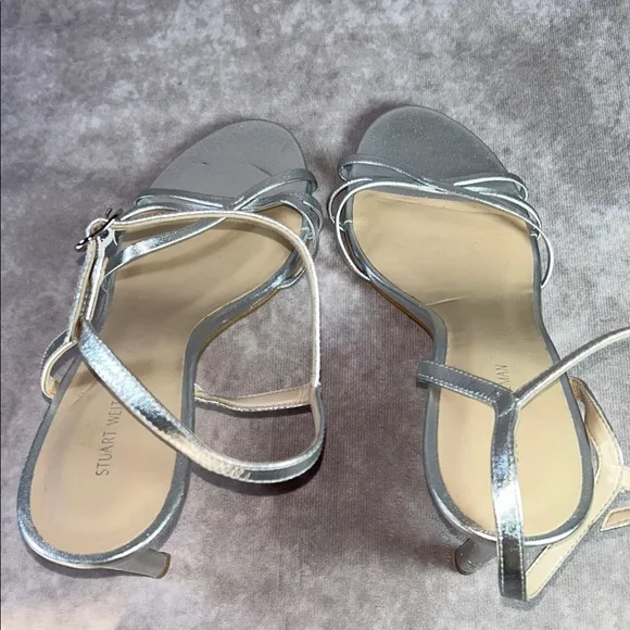 EUC Stuart Weitzman Starla 80 Silver Strappy Heeled Sandals Size 9