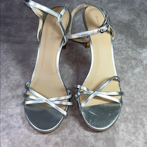 EUC Stuart Weitzman Starla 80 Silver Strappy Heeled Sandals Size 9