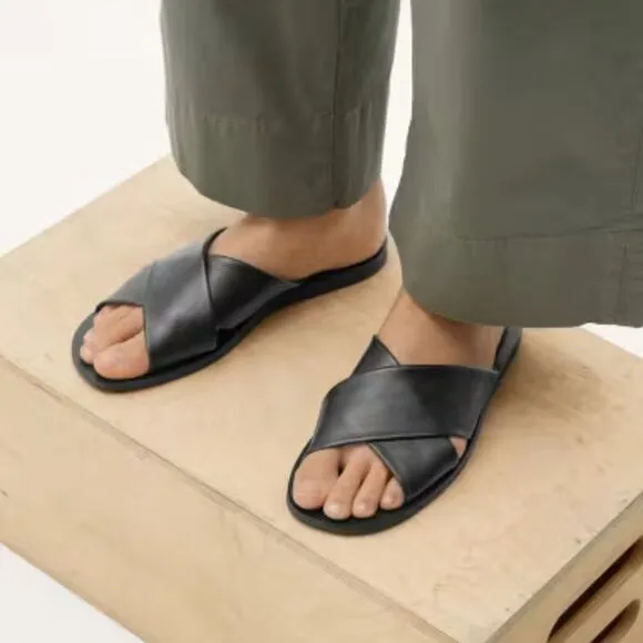 Everlane Size 6.5 Day Crossover Sandal Black Flats Leather Square Toe NWOT
