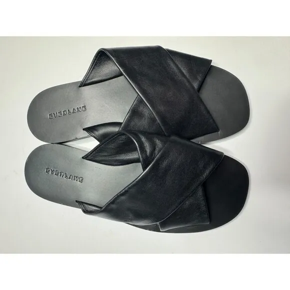 Everlane Size 6.5 Day Crossover Sandal Black Flats Leather Square Toe NWOT