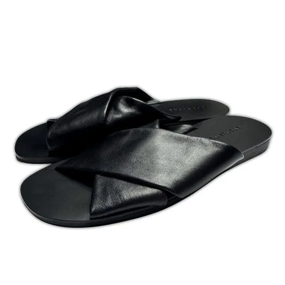 Everlane Size 6.5 Day Crossover Sandal Black Flats Leather Square Toe NWOT