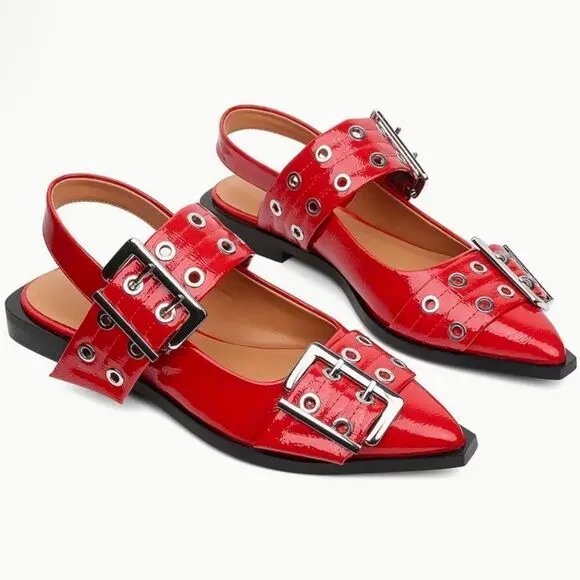 Femme Fatale Vegan Leather Grommet-Buckled Slingback Flats