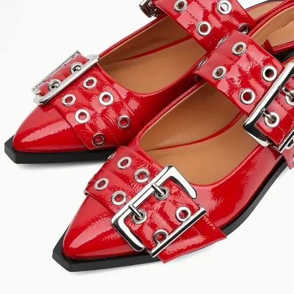 Femme Fatale Vegan Leather Grommet-Buckled Slingback Flats