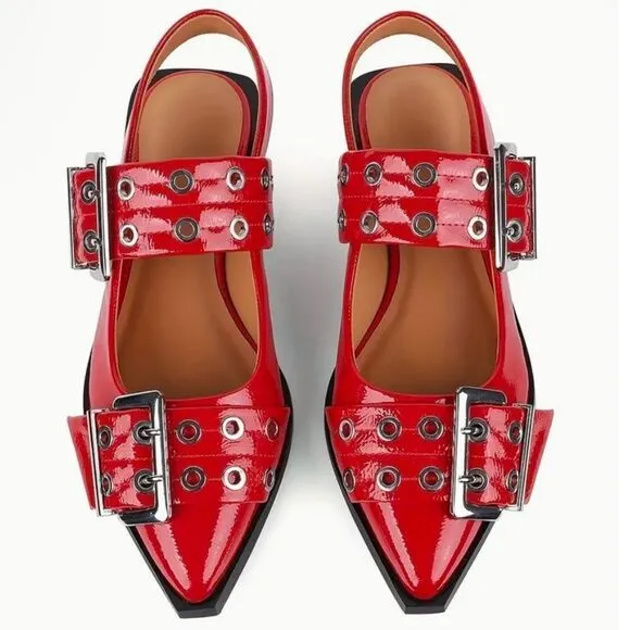 Femme Fatale Vegan Leather Grommet-Buckled Slingback Flats