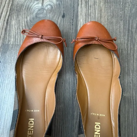 Fendi Round Toe Pequin Pattern Canvas D'Orsay Ballet Flats