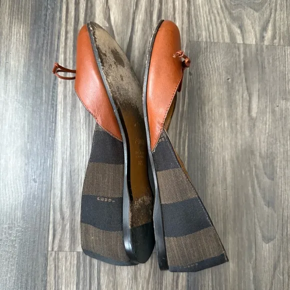 Fendi Round Toe Pequin Pattern Canvas D'Orsay Ballet Flats